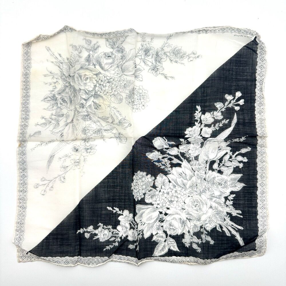 French Country Toile Floral Handkerchief Vintage Black White‎ Cotton Hanky